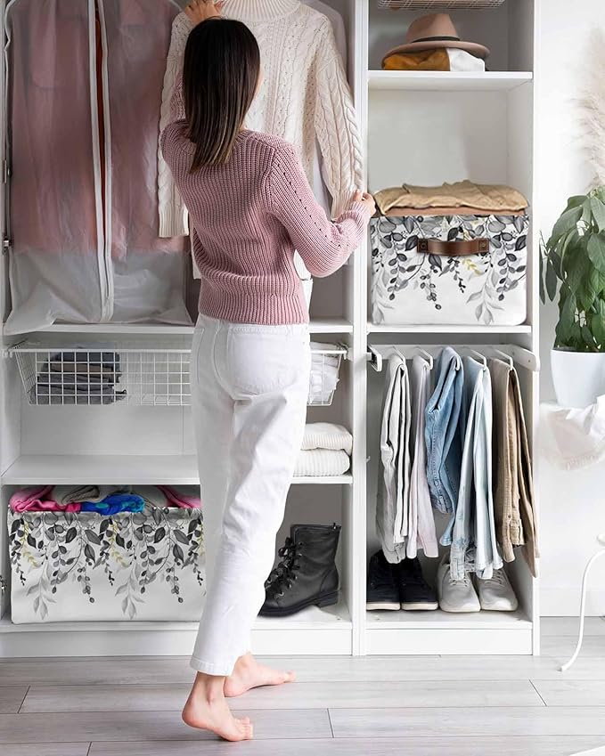 Grey Eucalyptus Storage Bins Cubes Waterproof Cloth Storage Basket, Watercolor Spring Weeping Botanical Foldable Storage Bags for Shelf Clothes Storages Organizers with Handles 15x11x9.5 in 1PCS