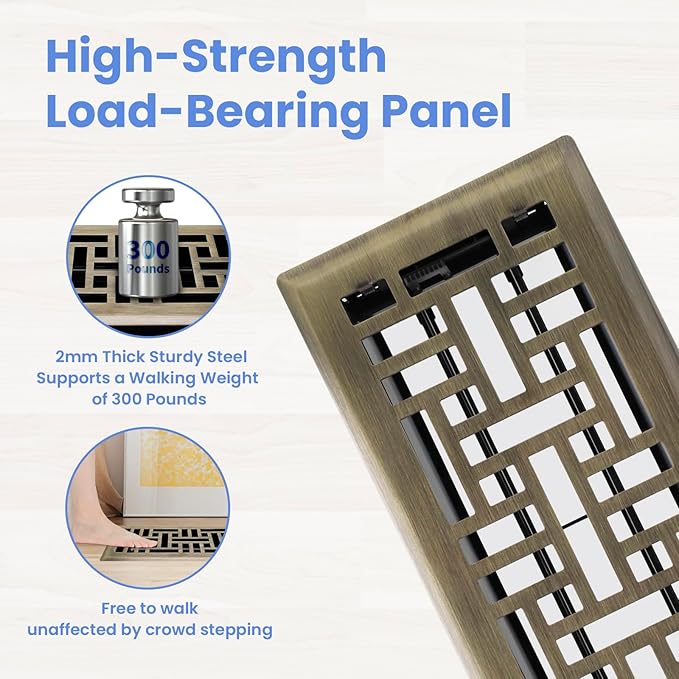 Howeall 4x10 Inches 2 Pack Heavy Duty Walkable Floor Register Easy Adjust Air Supply Lever Floor Vents - Seattle Design - Vent Cover for Home Floor - Antique Brass