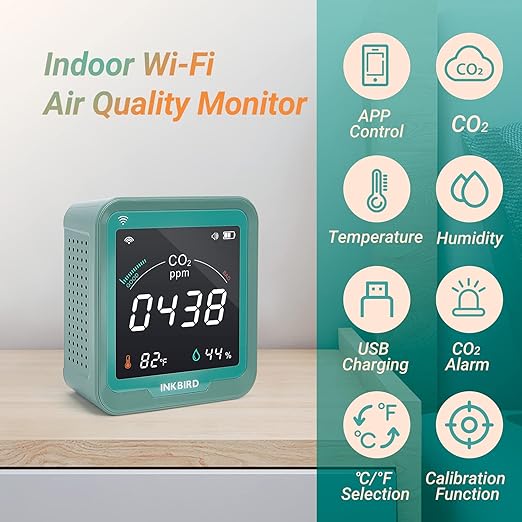 INKBIRD WiFi Air Quality Monitor Indoor Battery Powered | Smart NDIR Sensor and Data Logger | Carbon Dioxide & Temperature & Humidity | for Home, Office, Grow Tent (INK-CO2W)