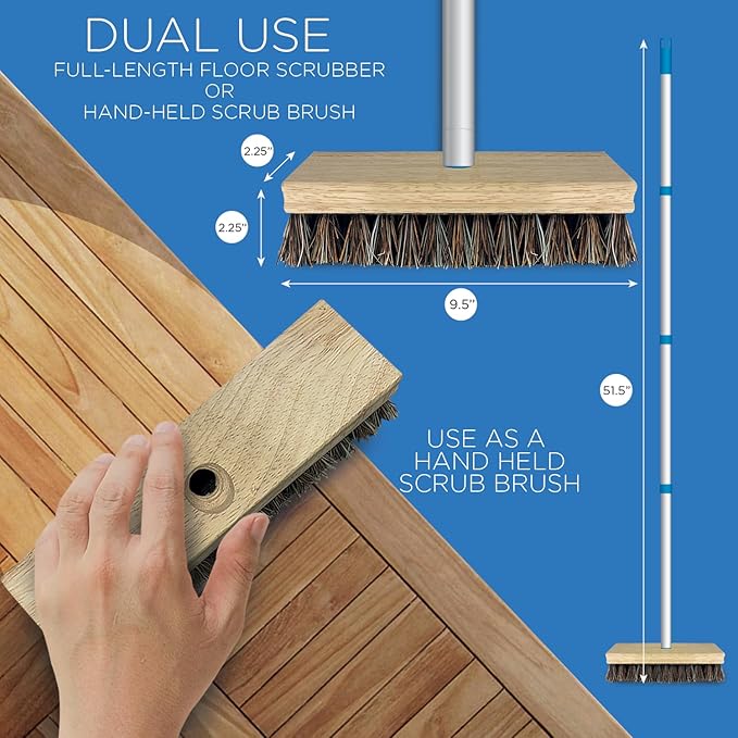 LOLA Deck Scrub Brush, 9" x 3.5" Head w/Palmyra & PVC Bristles for Outdoor Cleaning, Removes Dirt & Grime from Patios, Decks, Grout, 1 CT