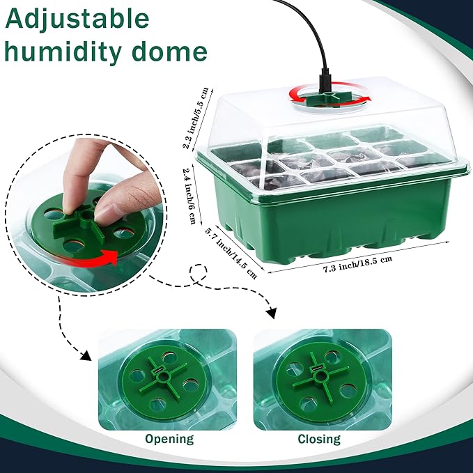 Hahood 6 Pack Seed Starter Tray Kit with Grow Light and Humidity Dome Germination Trays, 72 Peat Pellets, Plant Labels, Gardening Tools, Green, Modern Style, 7.3 x 5.7 x 4.5 inches