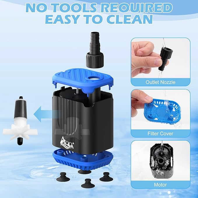 AQQA DC Aquarium Water Pump with Controller,4 Flow Adjustable,Feed Mode,IP68 Submersible Quiet Fish Tank Pump,3 Nozzles for Pond Fountain Statuary Hydroponics Freshwater Saltwater 15W 110V-240V