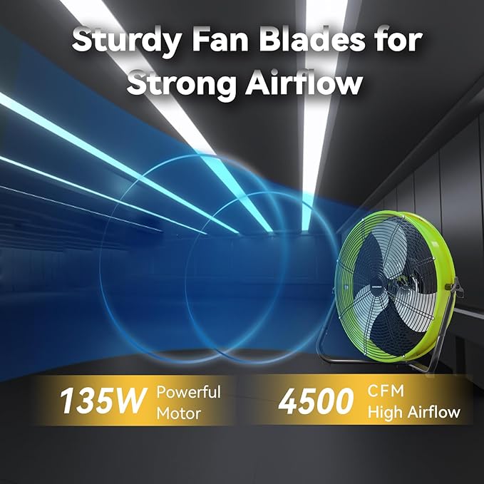 20 In High Velocity Floor Fan Pro, 4500CFM 3 Speed Industrial Metal Floor Fan with Wall Mount for Commercial, Residential, Warehouse, Covered Patio, Shop, Garage, Barn - UL Safety Listed