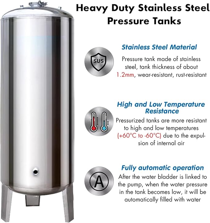 15/20/40/50/60/80 Gallon 304 Stainless Steel Water Tanks Vertical, Water Well/ Sprinkler System Pressure Tank/ Water Pressure for Water Worker Hot Water Heater Garden(135x50cm/53.1x19.6in(250L/66Gal))