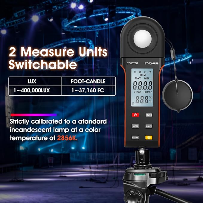 BTMETER Illuminance Light Meter w/Bluetooth - Digital Lumen Tester Measure Lighting Level Intensity 1~400,000 Lux(Foot Candle 1~37,160) Luxometer with 270º Rotated Sensor Data Logging for Plants Grow