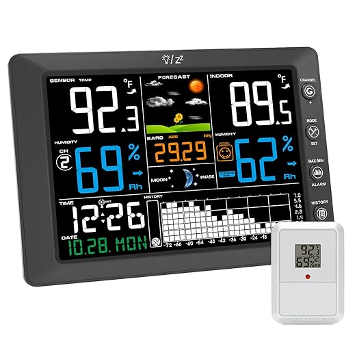 Urageuxy Wireless Weather Station with Indoor Outdoor Thermometer, Atomic Clock, 8.3" Large Color Display, Barometric Pressure Monitor, Forecast, 328ft Range for Home, Patio, RV, Garage