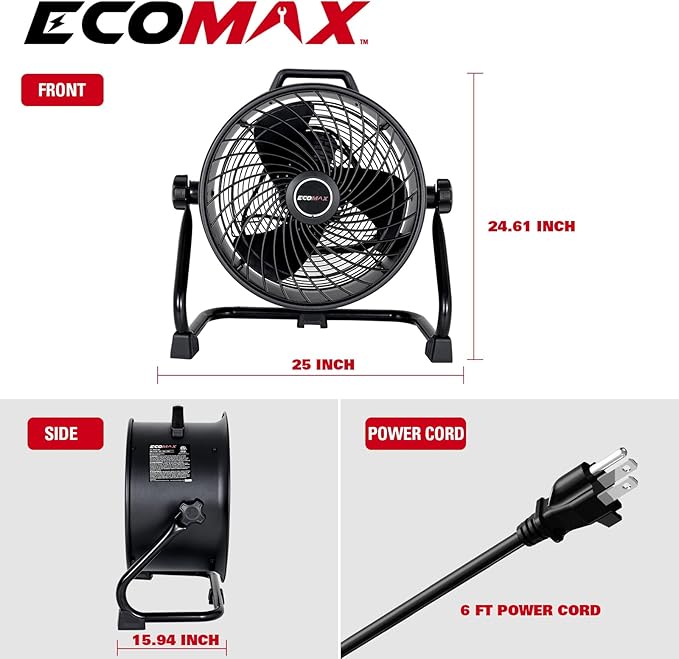 ECOMAX 16" Velocity Industrial Drum Fan, 3-Speed Heavy Duty Industrial Metal Shop Fan with 1800 CFM, Built-in Rope Bag, Floor Fan for Commercial, Garage, Greenhouse and Gym - UL Listed
