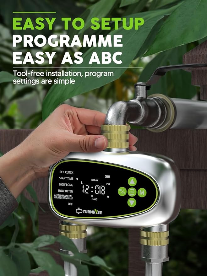 Hose Timer 2 Outlet- Irrigation Timer for Garden Water Hose with Soil Moisture Sensor, Rain Delay & Brass Inlet Programmable Sprinkler, Automatic Drip Irrigation System for Yard Lawn Greenhouse