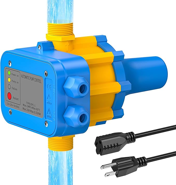 Smart Pressure Switch for Well Pump, Automatic Water Pumps Switch, Dry-running Protection for Submersible/Shallow Well/Garden/Jet/Self-priming Pump, Power&Pump Cable Included, 110V-120V