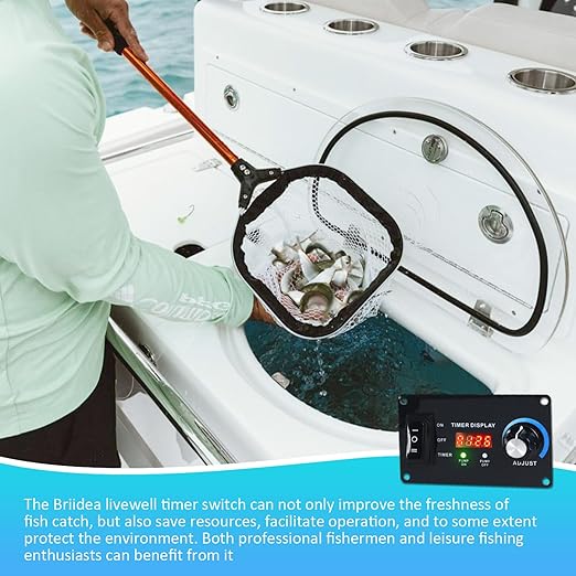 Briidea 12V Smart Livewell Aerator Timer with LED Screen, Auto/Manual Modes, Waterproof Corrosion-Resistant Metal Panel, Precise Oxygen Control in Fishing Boats & Bait Tanks