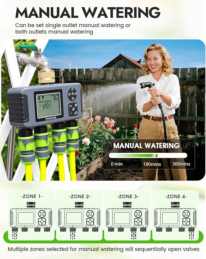 Insoma 4-Zone Water Timer with Brass Inlet, Automatic Garden Hose Timer with Manual/Rain Delay & Large Display, IPX5 Waterproof Faucet Timers for Sprinkler System, Yard, Lawn, Greenhouse
