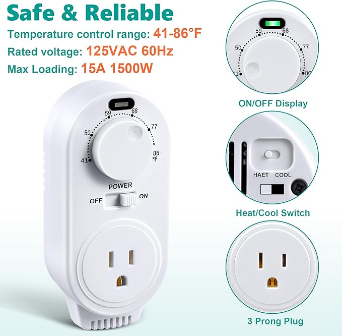 Adjustable Thermostat, Plug in Heating and Cooling Thermostat Controlled Outlet, Compatible with Portable AC, Fans and Space Heaters(1 Pack,White)
