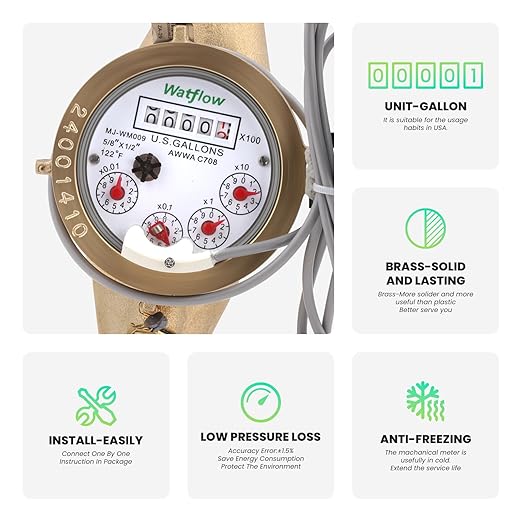 Watflow DN15 Water Meter 1/2" NPT,AWWA 708 Certification Gallon Water Flow Meter with Pulse Output, Cold Water Meter for Garden/Home/Apartment, Horizontal Install.