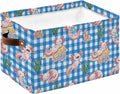 Pink Animals Coastal Storage Bins Cubes Waterproof Cloth Storage Basket, Blue Checkered Farmhouse Ocean Foldable Storage Bags for Shelf Closet Clothes Organizers with Handles 15x11x9.5 in 1PCS