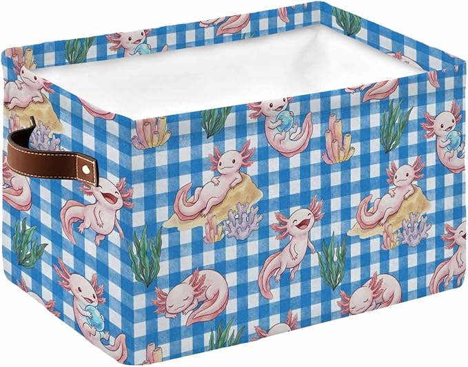 Pink Animals Coastal Storage Bins Cubes Waterproof Cloth Storage Basket, Blue Checkered Farmhouse Ocean Foldable Storage Bags for Shelf Closet Clothes Organizers with Handles 15x11x9.5 in 1PCS