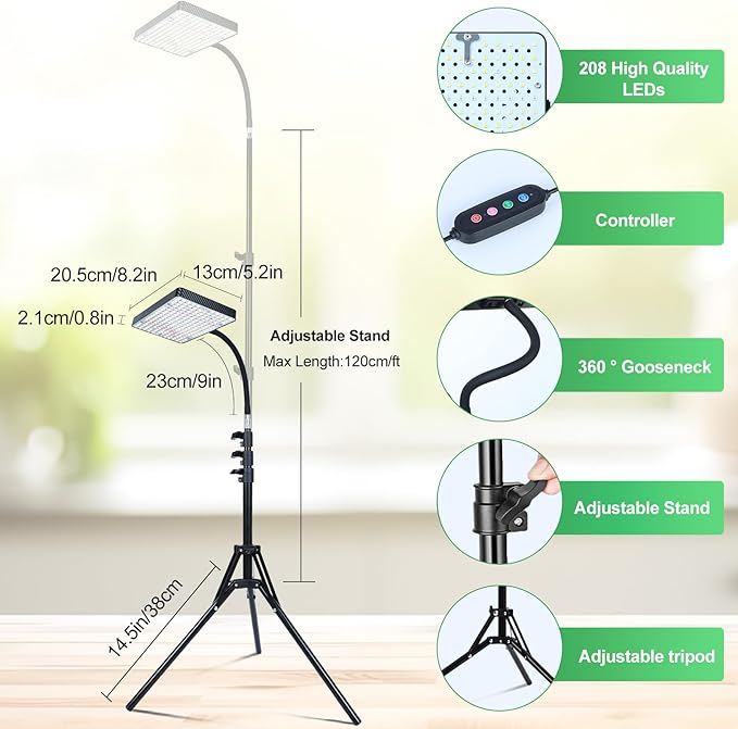 FRGROW 2026 Grow Light with Stand, 4/8/12/16/20H Timer, 25 Watt Power Draw, NO Need Adapter, Bright Enough for Indoor Tall Plants, Bonsai Tree, Daisy Chain Function, 40"-64" Height Adjustable