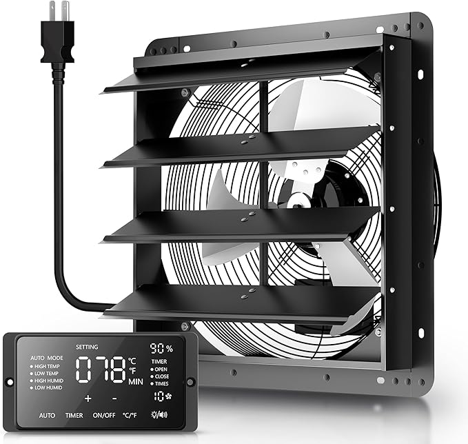 12" Shutter Exhaust Fan with 6 ft Power Cord, EC Motor Wall Mount Attic Fan, Smart Programming Variable Speed, Temp/Humidity & Timer, Auto Louvers, 1597 CFM for Window, Shed, Commercial, Waterproof