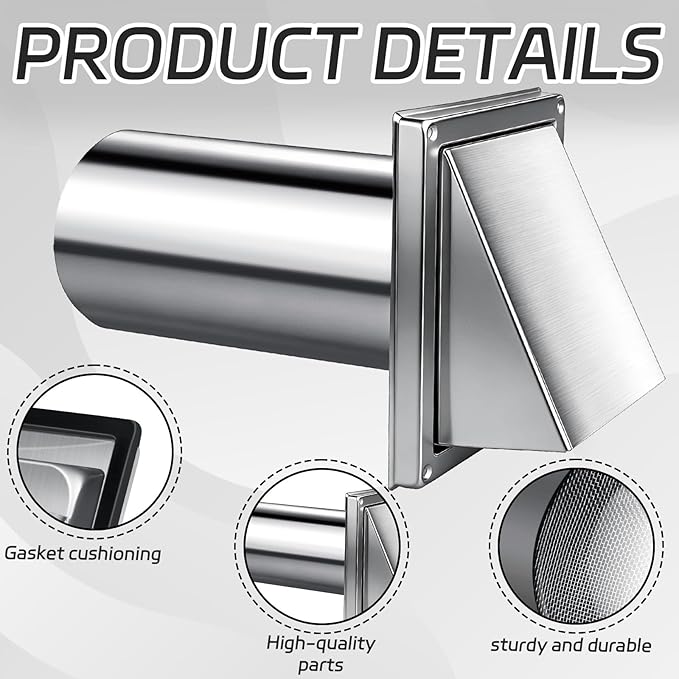 4 Inch Metal Dryer Vent Cover Stainless Steel Guard Wall Dryer Exhaust Cap with Removable Extension Pipe 8 Inch and 4 Screw for House Outdoor Extended Air Pipe