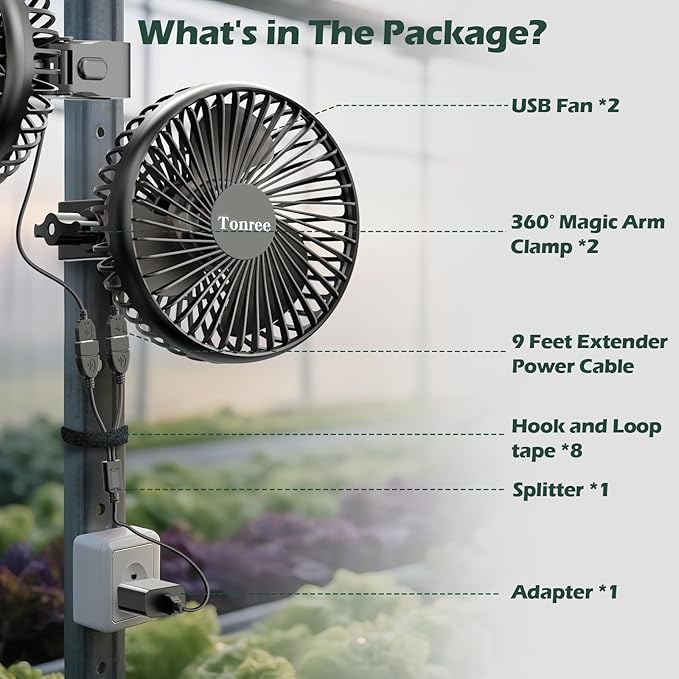 Grow Tent Fan 2 Pack, 5.5" Greenhouse Clip Fan with Brushless Motor and Non-slip Clamp, Strong Airflow and Low Noise, 360° Tilt, Easy Mount for Plant Hydroponics Circulation Cooling Ventilation