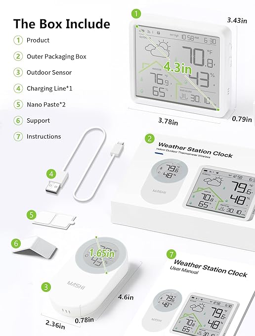 MASHI Rechargeable Weather Station Wireless Indoor Outdoor Thermometer,Atomic Clock with WWVB & 4.3" Backlit Display, Inside Outside Thermometer Wireless, 3-Channel 330ft Range, Accurate Forecast