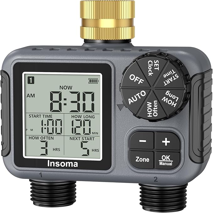 Insoma 2-Zone Sprinkler Timer with Brass Inlet, Water Hose Timer with Auto/Manual Modes + Rain Delay, Big LCD Display, for Garden, Yard Lawn, IPX5 Waterproof & Save Water