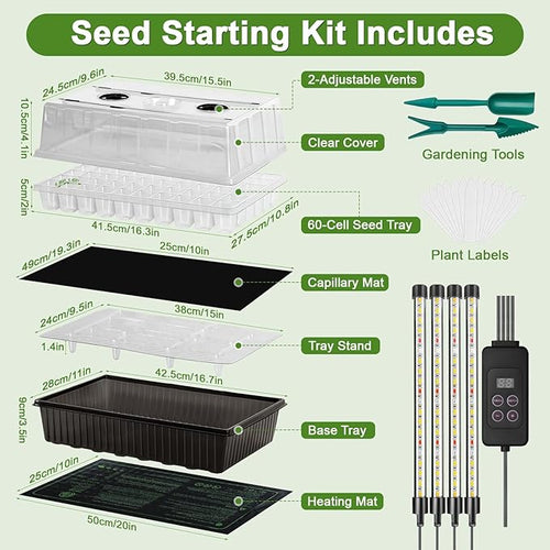 120-Cell Self-Watering Seed Starter Tray with Grow Light, Indoor Seed Starting Kit Trays with Heat Mat, Adjustable Brightness Plant Germination Trays Growing Kit with 4.13" Humidity Dome for Seed Grow