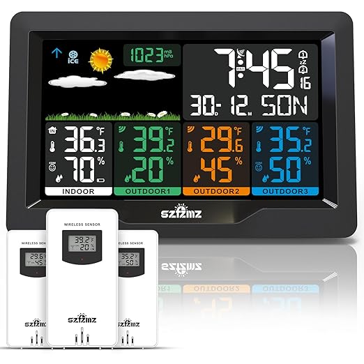 Weather Stations Wireless Indoor Outdoor with Multiple Sensors, 7.5" Color Display Weather Station Indoor Outdoor Thermometer Wireless Weather Forecast Station, Digital Atomic Clock with Backlight