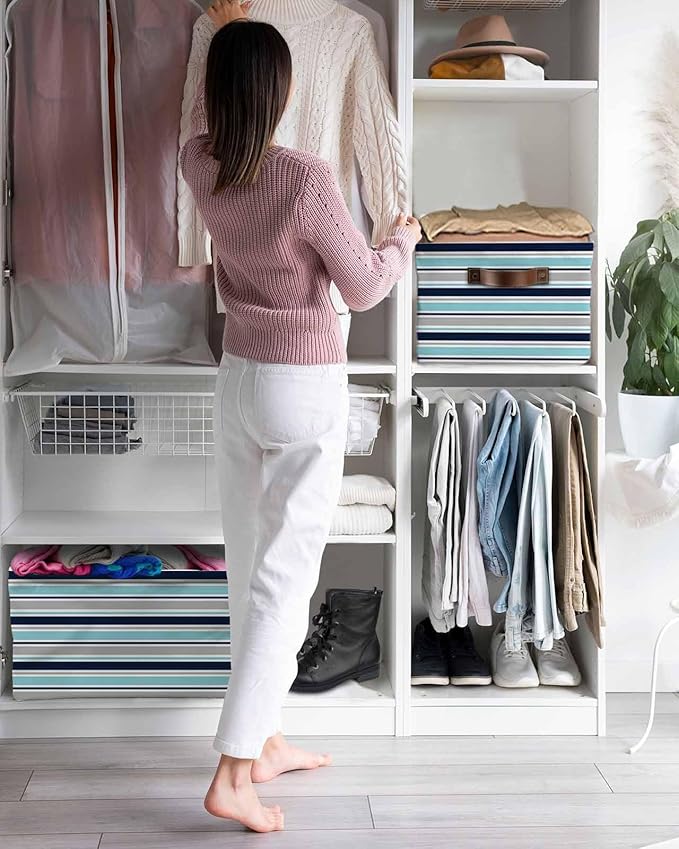Grey Blue Striped Storage Bins Cubes Waterproof Cloth Storage Basket,Farmhouse Stripes Abstract Art Navy Blue Foldable Storage Bags for Shelf Clothes Storages Organizers with Handles 15x11x9.5 in 1PCS