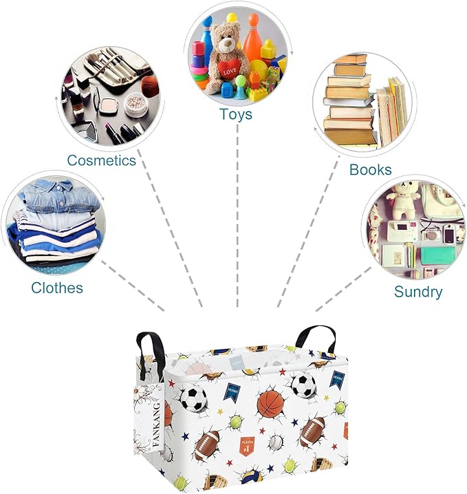 FANKANG Storage Bins,Nursery Hamper Canvas Laundry Basket Foldable with Waterproof PE Coating Storage Baskets for Boys and Girls, Office, Bedroom, Clothes,Toys(Rec-3D Sports Balls ）
