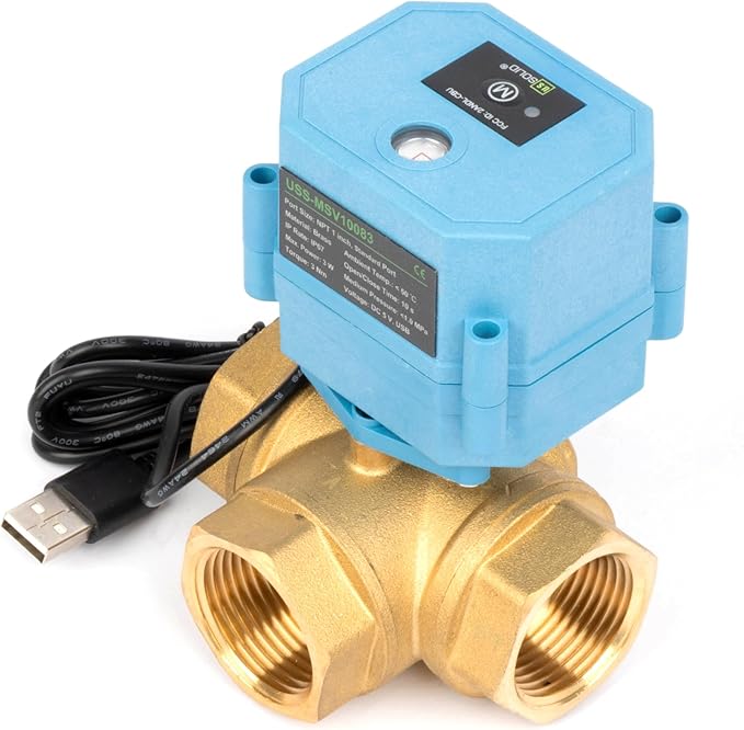 U.S. Solid WiFi Smart Motorized Ball Valve 1 inch NPT for Water Control & Irrigation, 3 Way Brass Electric Valve, USB Powered, LED Status Indicator, Flow Direction Window, Remote On/Off Control