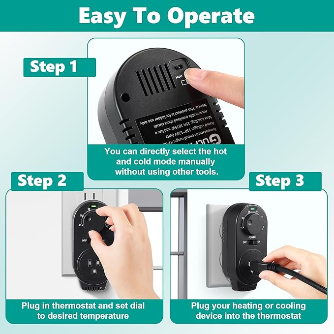 Adjustable Thermostat, Plug in Heating and Cooling Thermostat Controlled Outlet, Compatible with Portable AC, Fans and Space Heaters (1 Pack,Black)