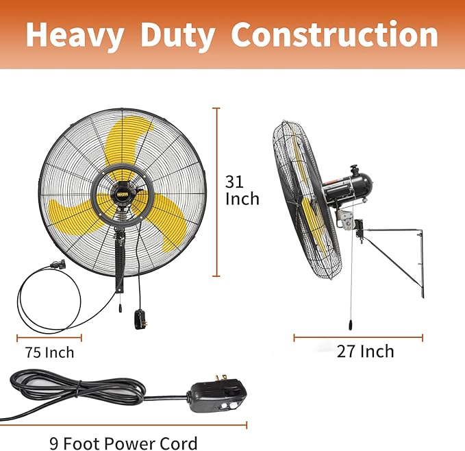 HiCFM 2 Pack 30 inch Misting Outdoor Oscillation Weatherproof Wall Mounted Fan with IP44 Enclosure Motor, GFCI Plug, 9300 CFM 3-Speeds High Velocity Powerful Wall Fan, UL Outdoor Approved