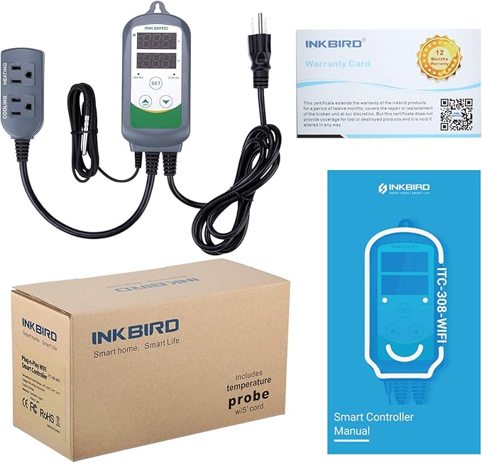 Inkbird WiFi Temperature Controller ITC308 Reptile Freezer Thermostat Digital Heating and Cooling Heater Cooler Greenhouse Plug Outlet 2 Stage 1100W 110V