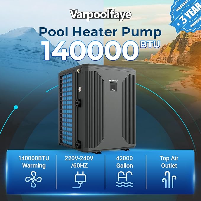 140000 BTU Inverter Electric Pool Heater for Inground Pool Swimming Pool Heat Pump for Above Ground Pool Up to 42000 Gallons Heating Cooling Wifi Control 220v