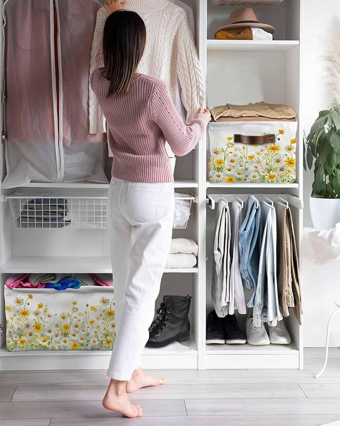 Yellow White Daisy Storage Bins Cubes Waterproof Cloth Storage Basket, Farmhouse Garden Flowers Blossom Foldable Storage Bags for Shelf Closet Clothes Organizers with Handles 15x11x9.5 in 2PCS