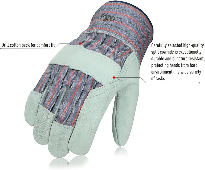 Vgo... 1-Pair Leather Work Gloves for Men, Gardening, Rigger, Builder (Size L, Plaid, CB3501)