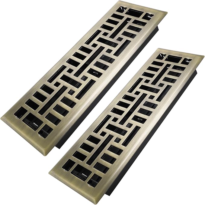 Howeall 4x14 Inches 2 Pack Heavy Duty Walkable Floor Register Easy Adjust Air Supply Lever Floor Vents - Seattle Design - Vent Cover for Home Floor - Antique Brass
