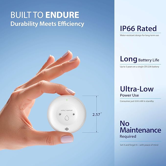APEC WATER WiFi Water Leak Detector for Home, App Connected get Real-Time Alerts, Highly Reliable Dual Sensor Wet Moisture Detection (1PK)