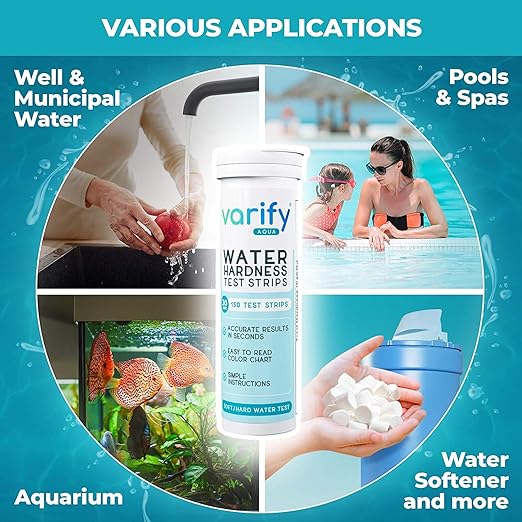 Varify Water Hardness Test Kit - Water Testing Kit for Home, Drinking, Well, Spa, Swimming Pool, Softener, Dishwasher & More - Hard Water Test Strips for Calcium, Magnesium etc (0-425 pmm, 150 Strips)