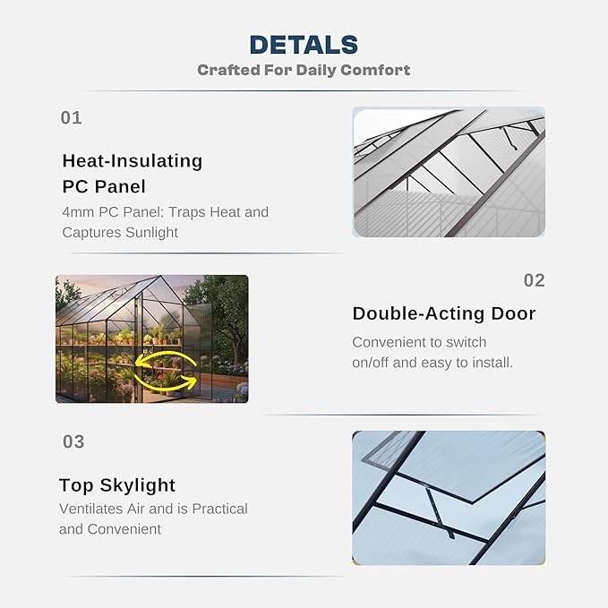 Kingdura 10x10ft Walk-in Greenhouse for Outdoors, Large Polycarbonate Greenhouses with Heavy Duty Aluminum Frame, Adjustable Roof Vent, Lockable Door, UV Protection for Outside Garden Backyard