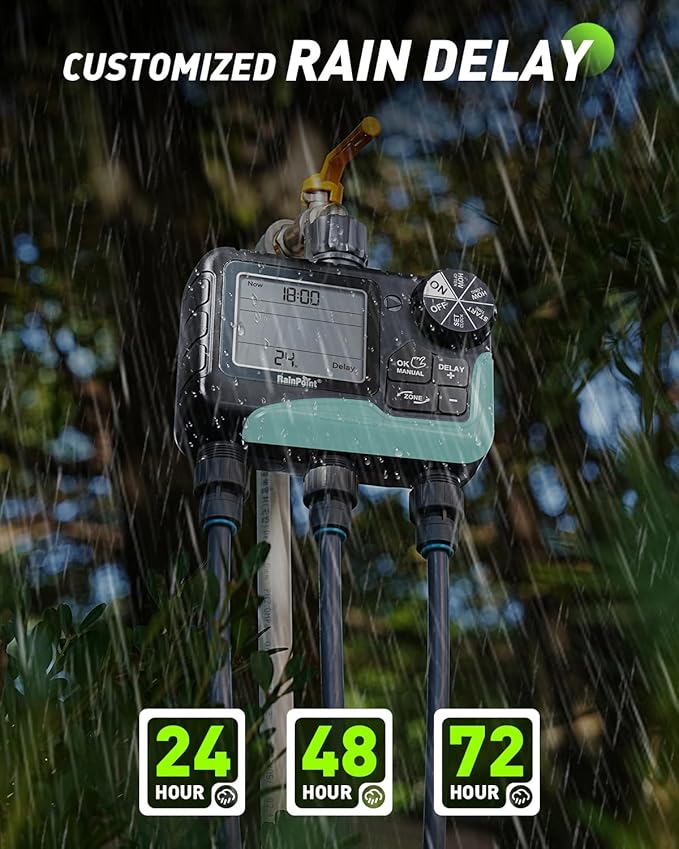 RAINPOINT Sprinkler Timer 3 Zone, Programmable Water Timer for Watering with Automatic/Manual/Rain Delay/Watering Mode, IP65 Waterproof, Large LCD
