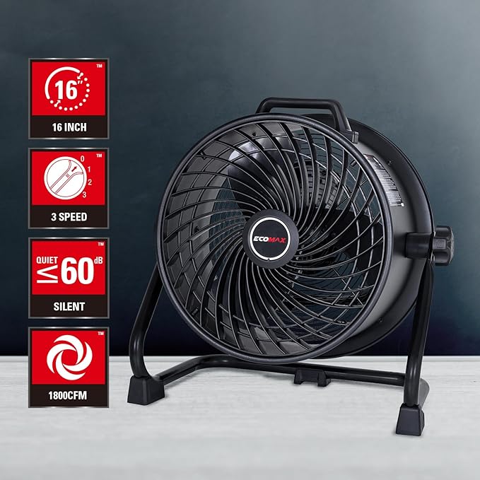 ECOMAX 16" Velocity Industrial Drum Fan, 3-Speed Heavy Duty Industrial Metal Shop Fan with 1800 CFM, Built-in Rope Bag, Floor Fan for Commercial, Garage, Greenhouse and Gym - UL Listed