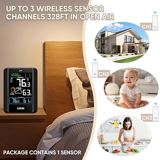 Indoor Outdoor Thermometer Wireless Weather Station External Thermometer Hygrometer Monitor with 330ft Range Remote Sensor, Battery Operated Backlit Display (Colorful)