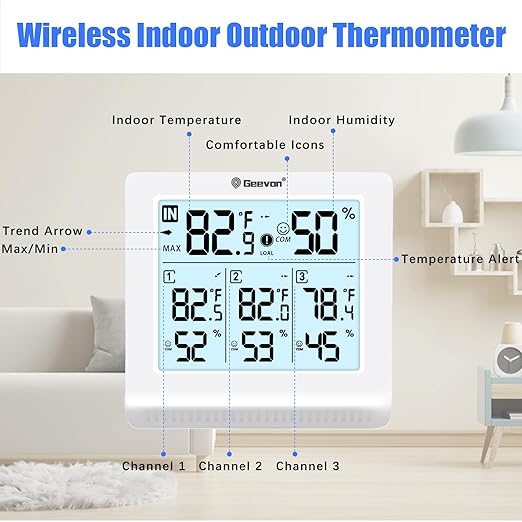 Geevon Indoor Outdoor Thermometer Wireless with 3 Remote Sensors, Digital Hygrometer Thermometer, Temperature Gauge Humidity Monitor with Backlight, 200FT/60M Transmission Range