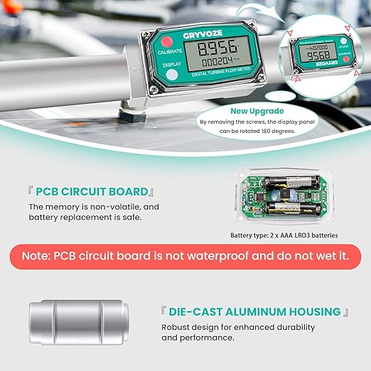 2 PCS 1 Inch Digital Turbine Fuel Flow Meter, 2.6-26 GPM Inline NPT Flowmeter with 3/4 in Adapters for Water, Diesel, Gas Oil, Gasoline, and Other Liquids - Supports Gallon, QTS, PTS, L, m³