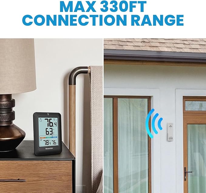 Newentor Indoor Outdoor Thermometer Wireless, Weather Stations Wireless Indoor Outdoor, Outdoor Thermometers for Patio House, Outside Inside Thermometers with Comfort Indicator, Black with 2 Sensors