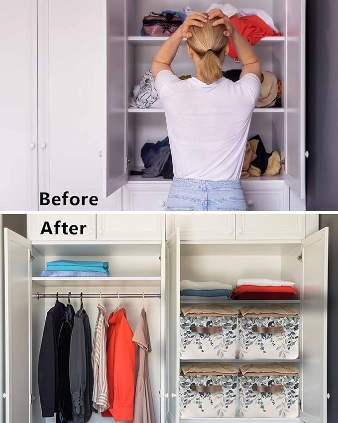 Blue Grey Eucalyptus Storage Bins Cubes Waterproof Cloth Storage Basket,Farmhouse Weeping Leaves on Linen Foldable Storage Bags for Shelf Clothes Storages Organizers with Handles 15x11x9.5 in 2PCS