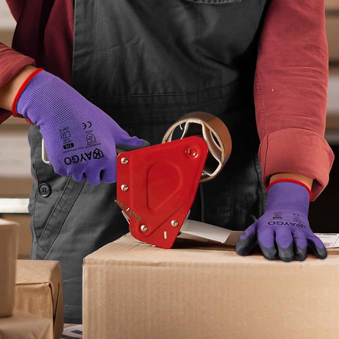 KAYGO Work Gloves for Men and Women,12 Pairs Seamless Knit PU Coated Safety Gloves, with Smooth Grip on Palm and Fingers, Ideal for Light Warehouse, Manufacturing, Gardening, KG11P (XS, Purple)