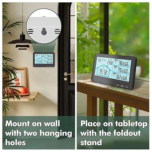 Home Weather Station Wireless Indoor Outdoor Thermometer with 3 Sensors,IPX4, 500ft Range Digital Thermometer Humidity Monitor with Weather Forecast for Home, RV, Garden | Black