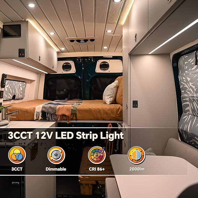 3CCT Flexible 16.4ft LED Strip Light with 12V CCT Switchable Dimmer Kit for Camper Vans, Trucks & Trailers Indoor. CCT Changeable(3000K/4500K/6000K) & Brightness Control DC12V, 10A